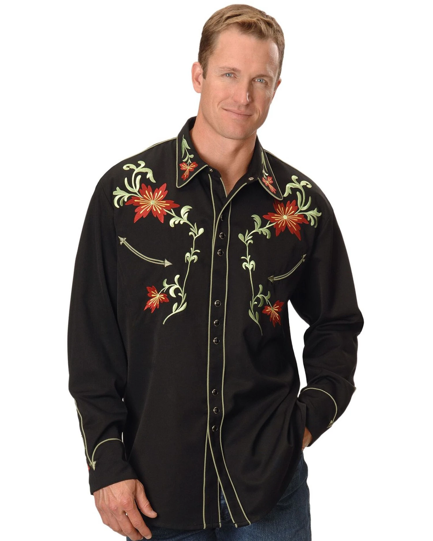 Scully Men's Floral Embroidered Vintage Long Sleeve Snap Western Shirt 2 Scully Men's Floral Embroidered Vintage Long Sleeve Snap Western Shirt - Image 2