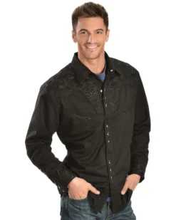 Scully Men's Black Floral Embroidered Retro Long Sleeve Western Shirt -Men's Western Denim Store 092M74 002 D1