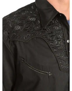 Scully Men's Black Floral Embroidered Retro Long Sleeve Western Shirt -Men's Western Denim Store 092M74 002 D2