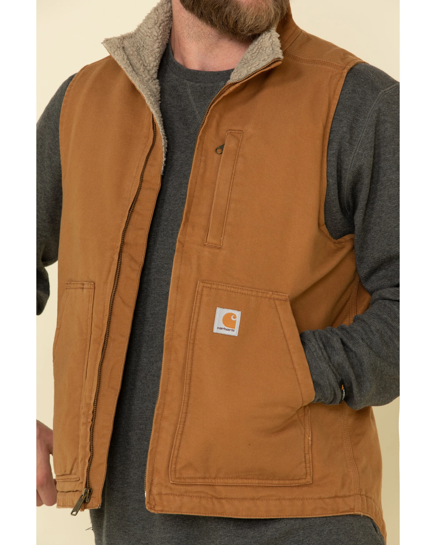 Carhartt Men's Brown Washed Duck Sherpa Lined Mock Neck Work Vest 1 Carhartt Men's Brown Washed Duck Sherpa Lined Mock Neck Work Vest