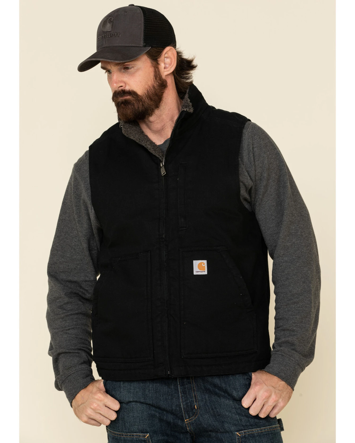 Carhartt Men's Black Washed Duck Sherpa Lined Mock Neck Work Vest - Big 1 Carhartt Men's Black Washed Duck Sherpa Lined Mock Neck Work Vest - Big