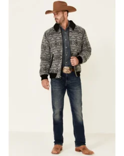 Powder River Outfitters Men's Charcoal Southwestern Print Wool Zip-Front Bomber Jacket