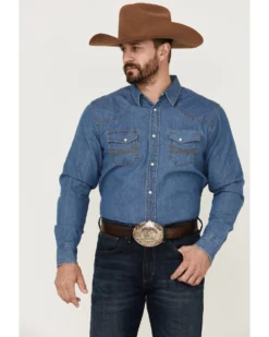 Blue Ranchwear Men's Long Sleeve Pearl Snap Heavy Western Denim Shirt -Men's Western Denim Store 2000359400 450 P2