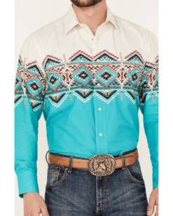 Panhandle Men's Southwestern Border Long Sleeve Pearl Snap Western Shirt -Men's Western Denim Store 2000385166 440 P3